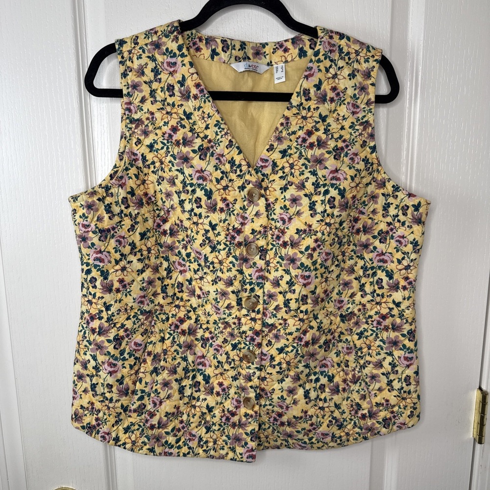 Denim Co Womens Small Yellow Floral Quilted Button Front Vest Cottagecore